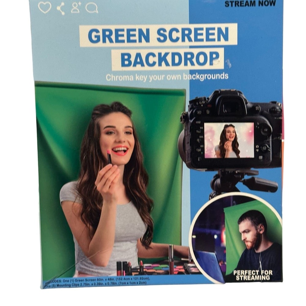 PrimeConnect Green Screen Backdrop 5x4ft Chroma Key with Mounting‎ Clips NEW